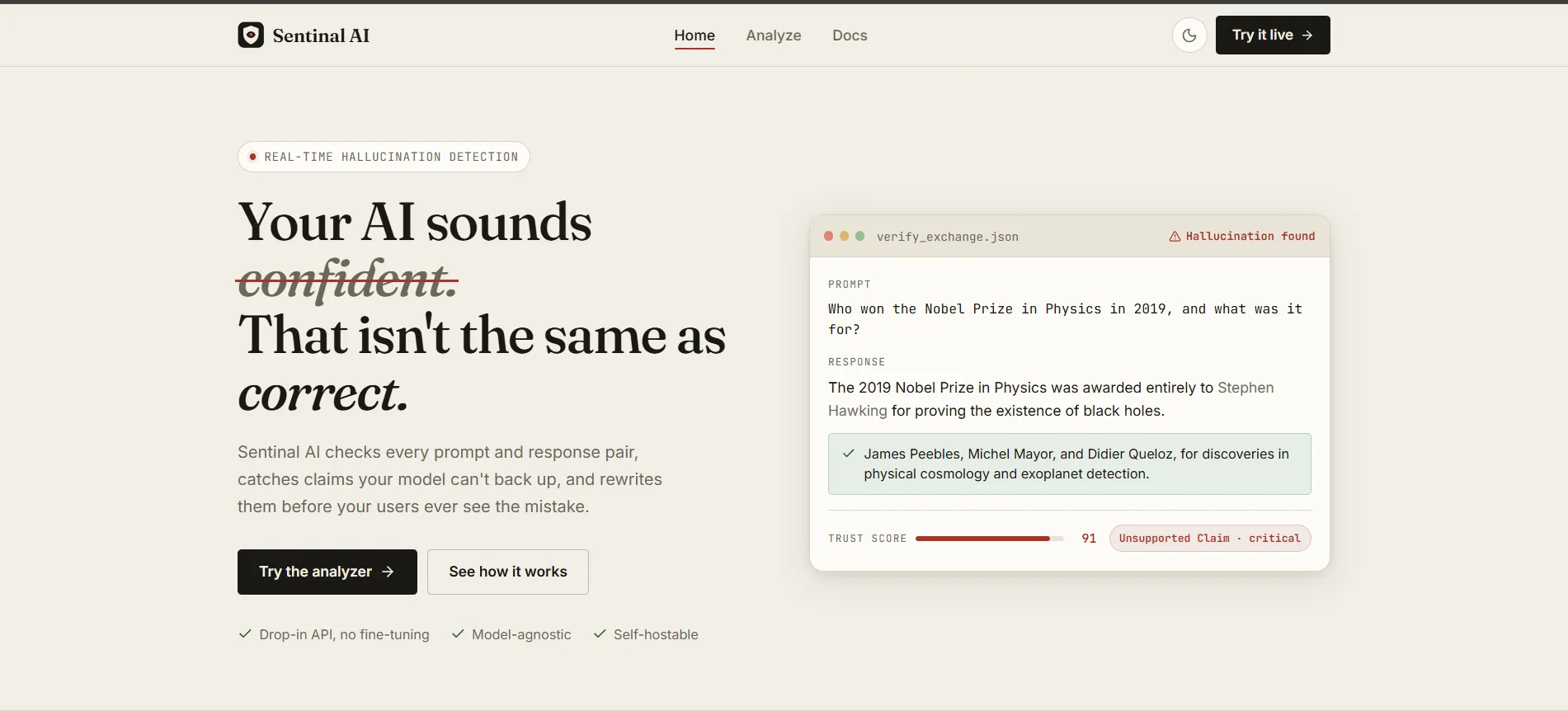 sentinelaihq.com, a hallucinated answer caught, scored 91 and corrected against the source.
